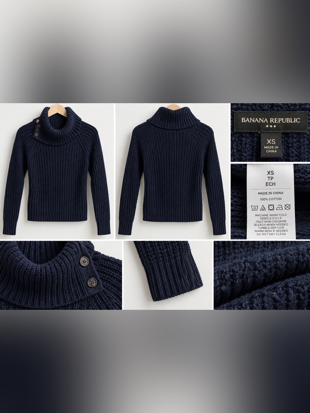 Banana Republic Navy Chunky Cowl Neck Button Sweater XS